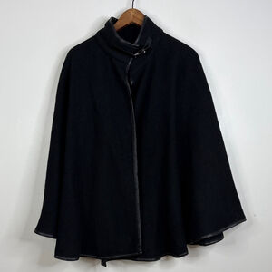 New Lauren Ralph Lauren Cape Womens One Size Black Wool Faux Leather Swing Cozy